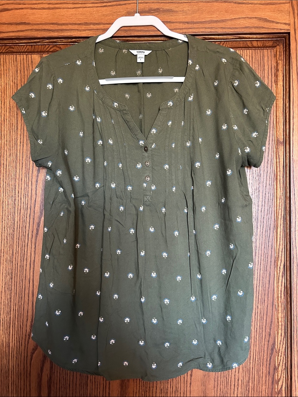 Relaxed Olive Green Short Sleeve Henley Blouse